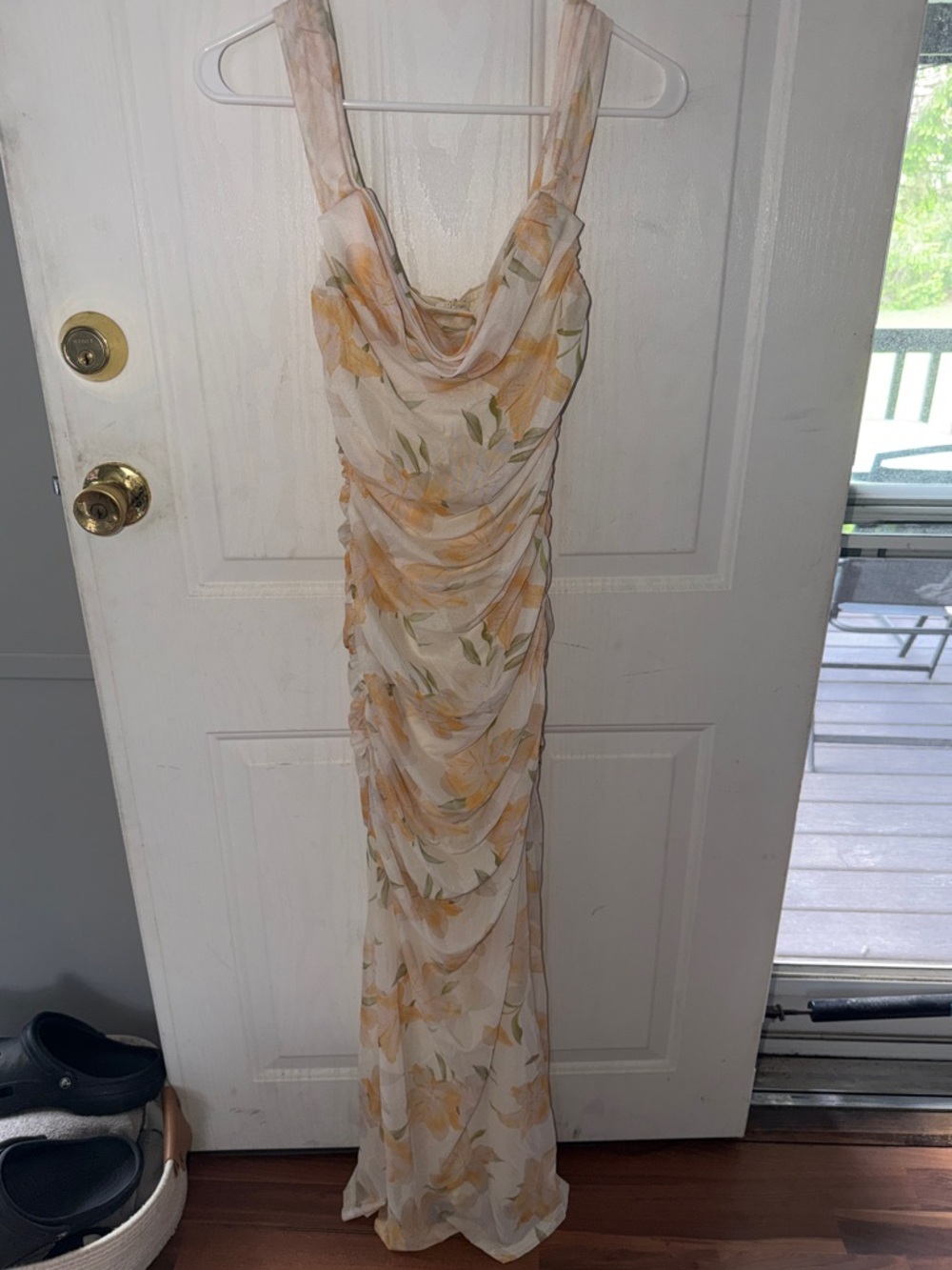 Elegant Cream and Yellow Floral Ruched Maxi Dress